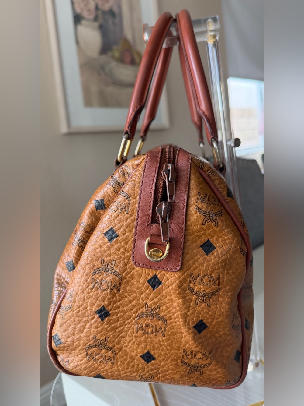 MCM Visetos Boston Speedy Satchel Bag – Cognac Brown Monogram Leather - Picture 4 of 15